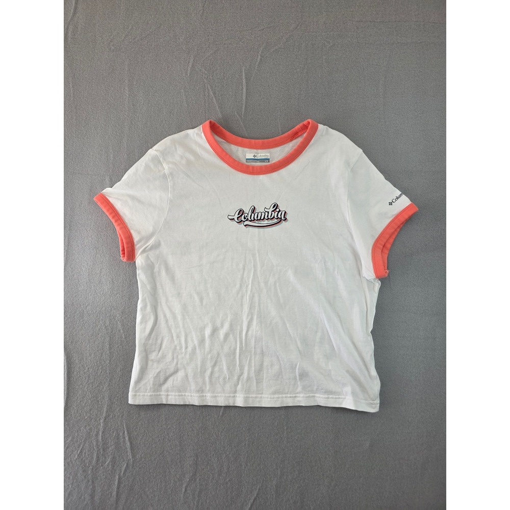 Columbia Womens Ringer T-Shirt White Peach Script Logo Short Sleeve Size L
